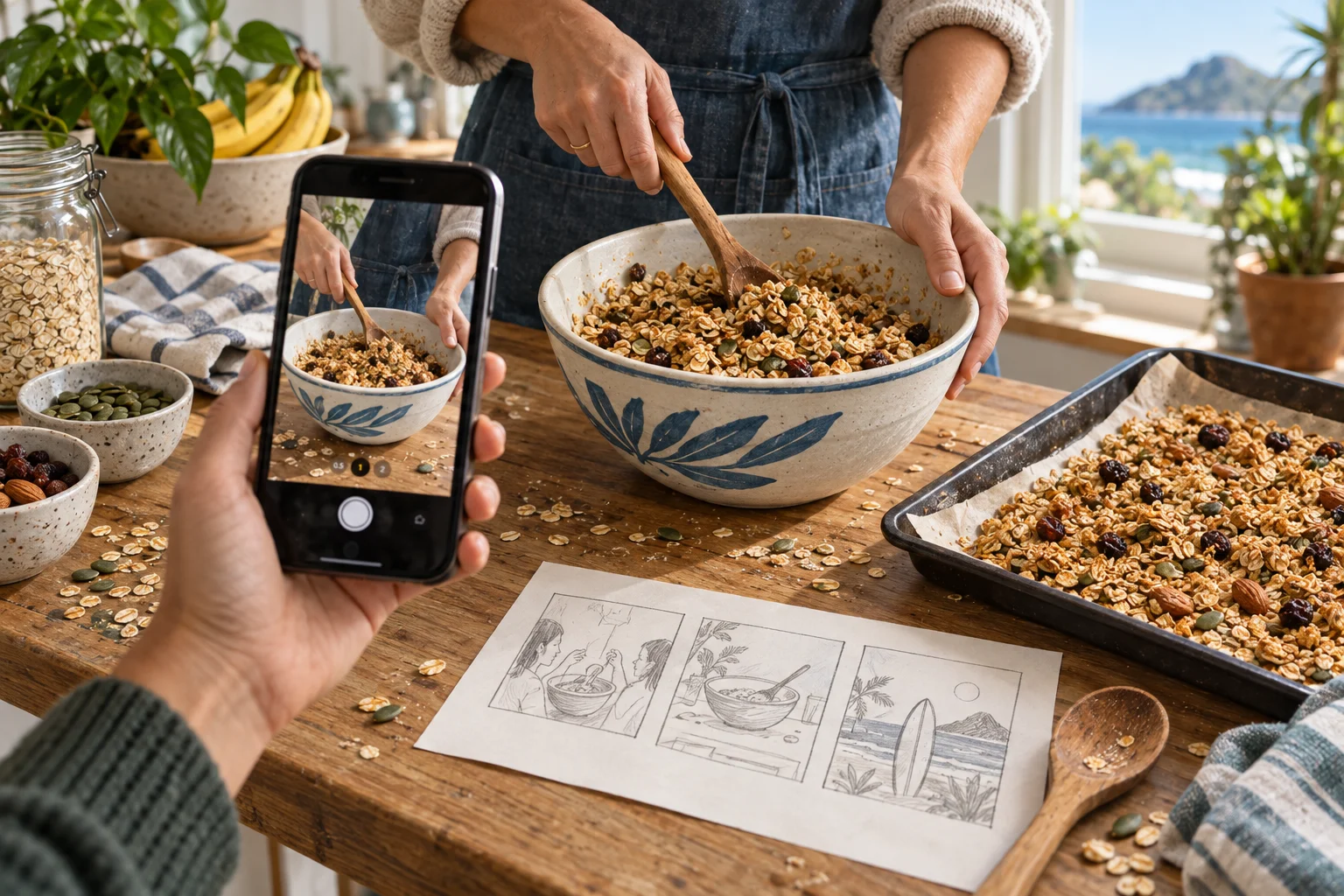 Photorealistic scene of a phone filming hands mixing granola, with a tray and a three-scene storyboard on the table.