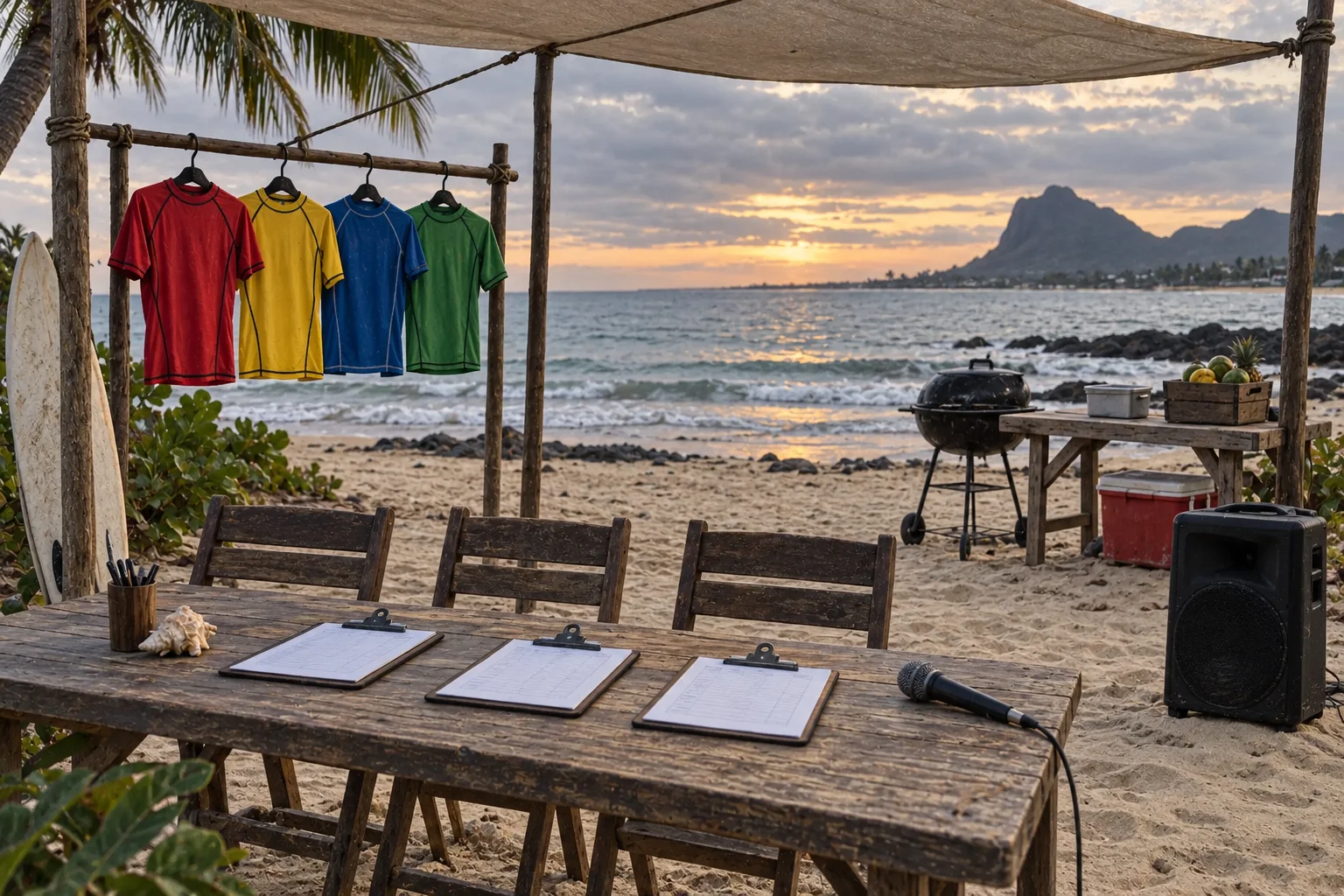 Photorealistic scene of a beach judging table, BBQ, speaker and four rashies in red, yellow, blue and green.