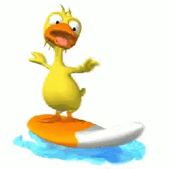 A yellow cartoon duck surfing a little wave.