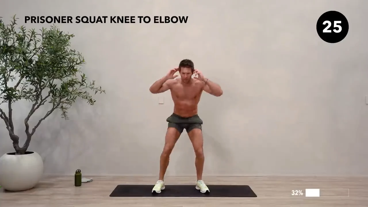 Dan the HIIT Man demonstrating prisoner squat knee to elbow.